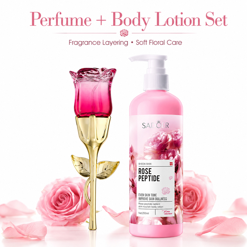 Perfume Fragrance Body Lotion - ชุดน้ำหอมและโลชั่นบำรุงผิวกายกลิ่นกุหลาบสำหรับผู้หญิง, ชุดน้ำหอมแบบเลเยอร์, กลิ่นหอมดอกไม้ติดทนนาน ชุดของขวัญบำรุงผิว