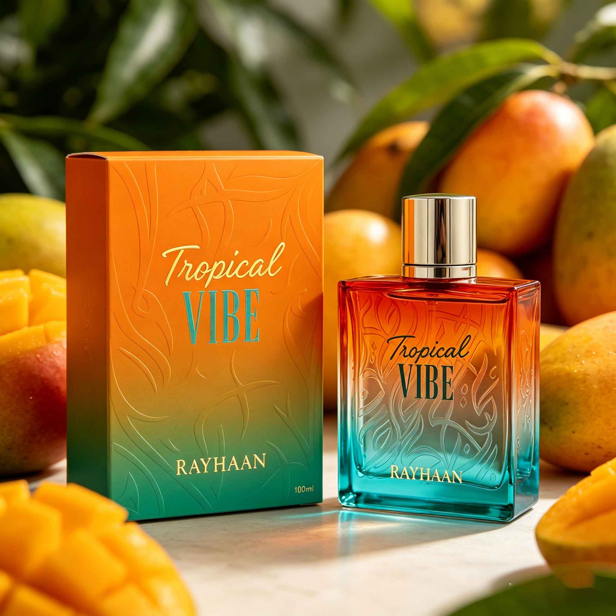 Perfume Fragrance Blue - น้ำหอมเรย์ฮาน ทรอปิคอล ให้กลิ่นหอมสดชื่นและเข้มข้นของมะม่วง ขวดสีส้ม-น้ำเงินไล่เฉดสีให้ความรู้สึกเหมือนบรรยากาศฤดูร้อน กลิ่นหอมมีความยืดหยุ่นและติดทนนาน เหมาะสำหรับการเดินทางประจำวันและการออกเดทในช่วงวันหยุด