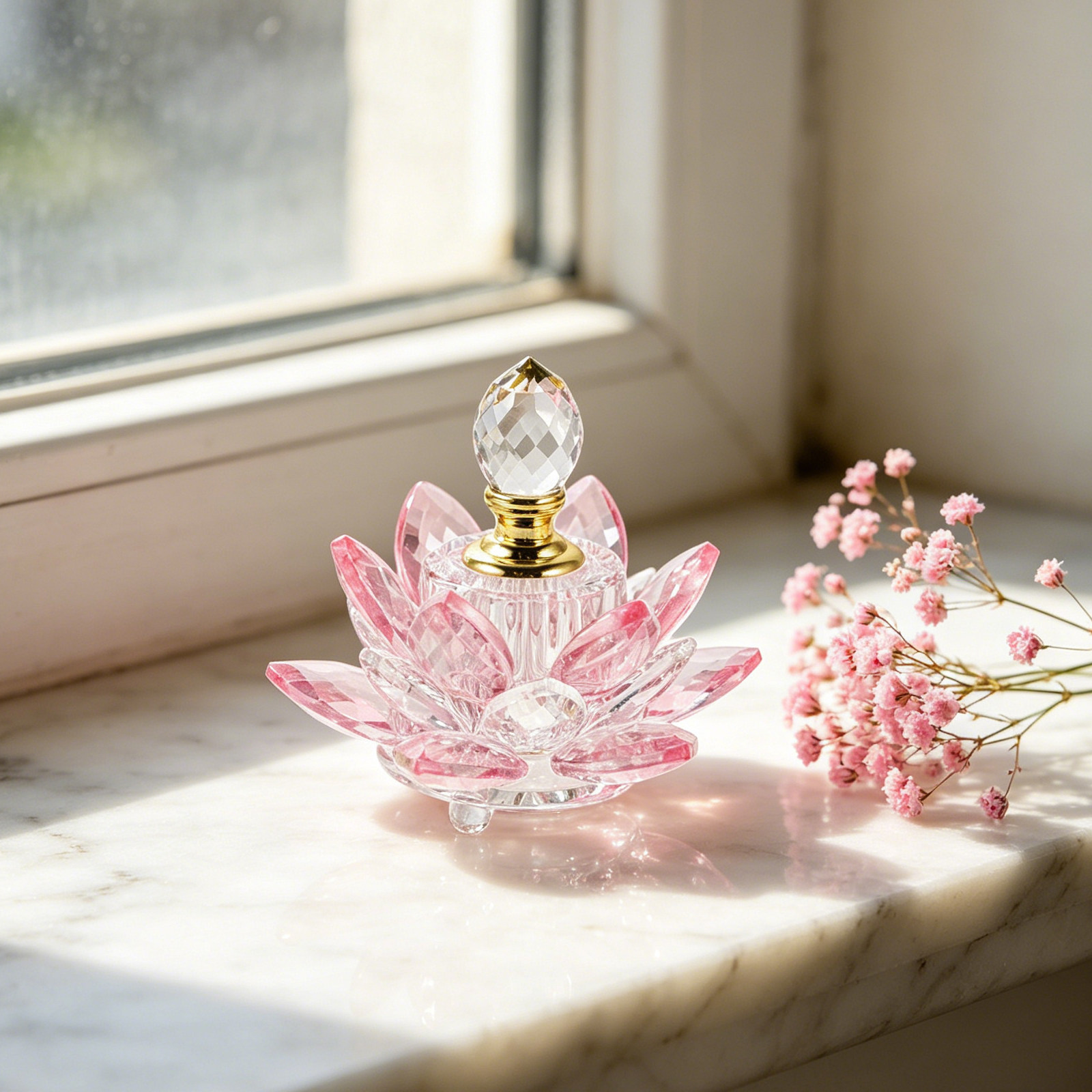 Perfume Fragrance Bottle - ขวดน้ำหอมรูปดอกบัวคริสตัลแบบเติมได้ ขวดแก้วเปล่าดีไซน์หรูหราสำหรับห้องนอน โต๊ะเครื่องแป้ง และอโรมาเธอราพี พร้อมหัวหยด