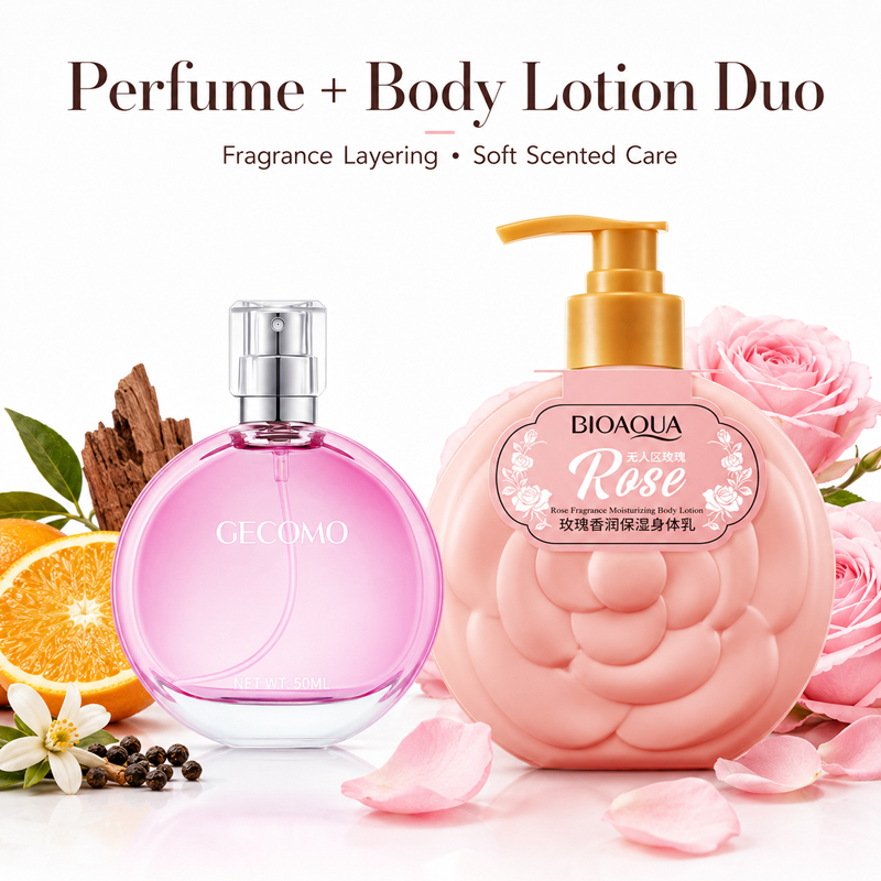 Perfume Fragrance Body Lotion - ชุดน้ำหอมสำหรับผู้หญิง GECOMO 50 มล. + โลชั่นบำรุงผิวกลิ่นกุหลาบ,